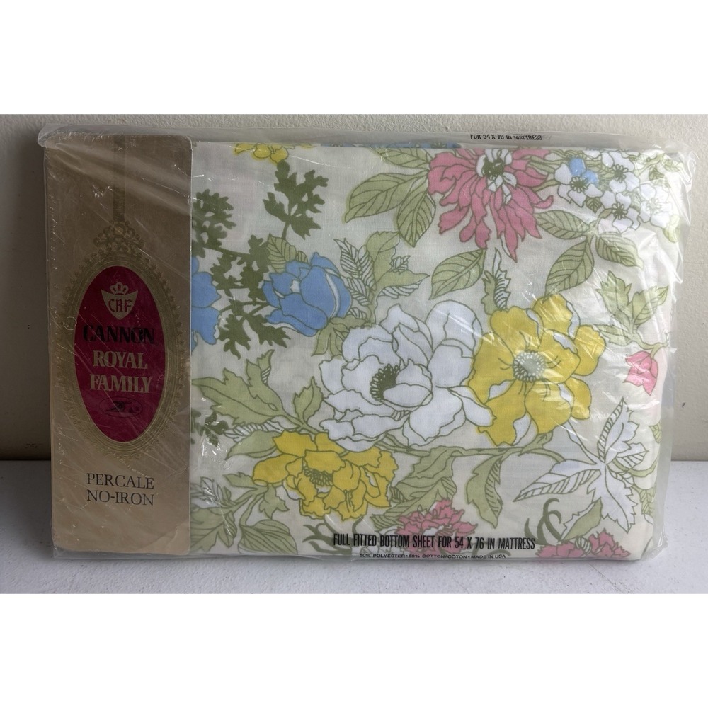 Vintage Cannon Royal Family Full Fitted Sheet Pastel Floral MCM Cottagecore NWT